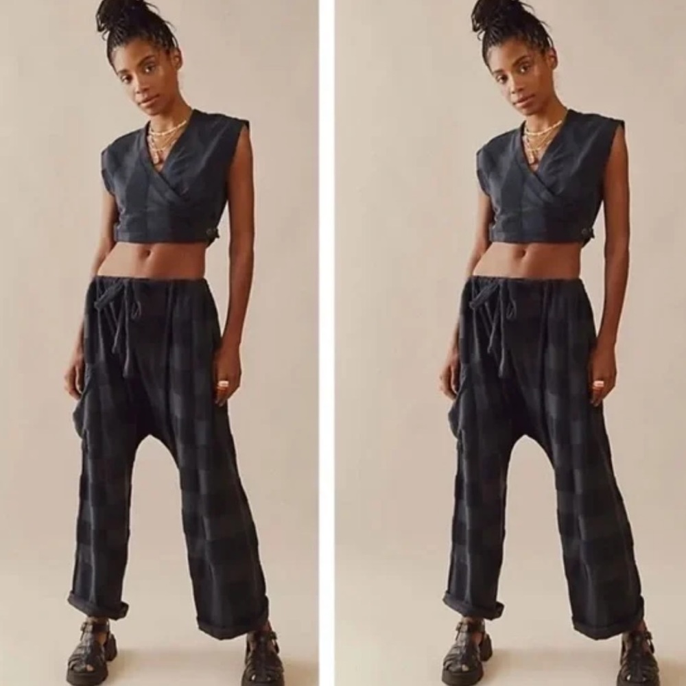 Free People Black Plaid Cropped Harem Pants